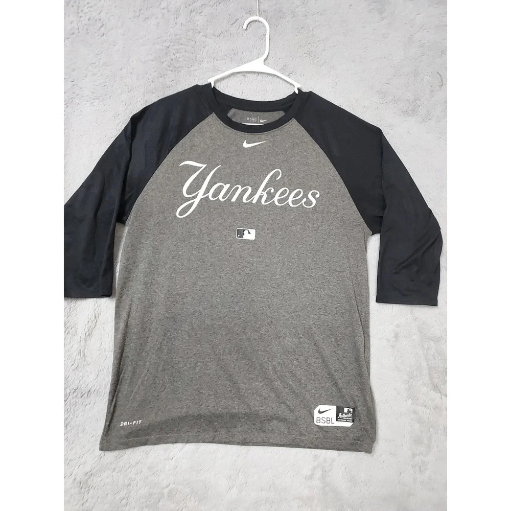 New York Yankees Shirt Mens XL Nike MLB Baseball Raglan Gray Black 3/4 Sleeve
